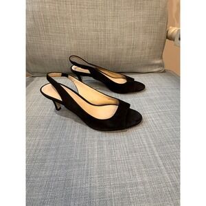 Pelle Moda Black Suede Peep Toe Slingback Kitten Heels Size 6M Leather Sole